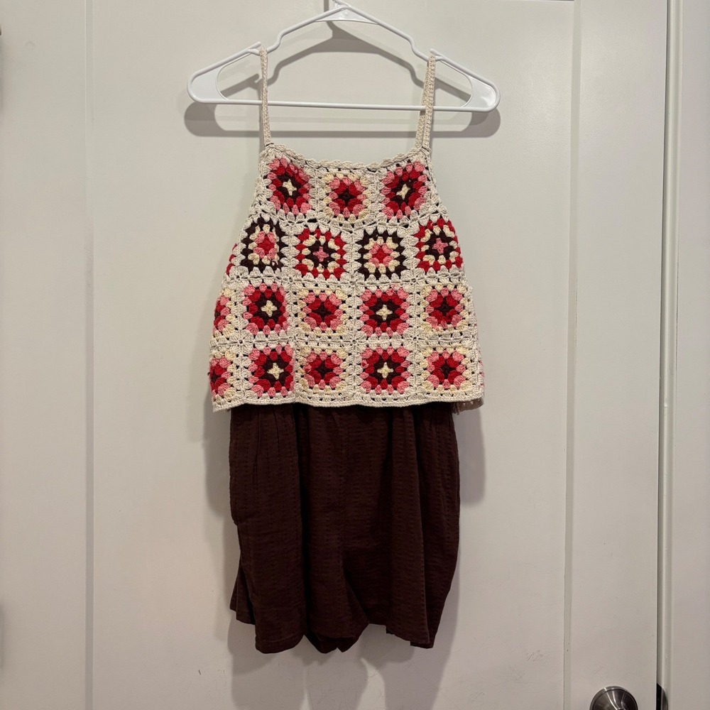 Lucky Brand Crochet Overlay Romper Brown Floral Granny Square 7W92593 Small NWT